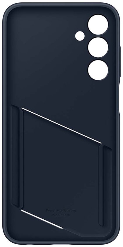Buitenkant van donkerblauwe Samsung Card Slot Case, met tekst 'Designed by Samsung Made in China'.