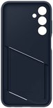 Buitenkant van donkerblauwe Samsung Card Slot Case, met tekst 'Designed by Samsung Made in China'.