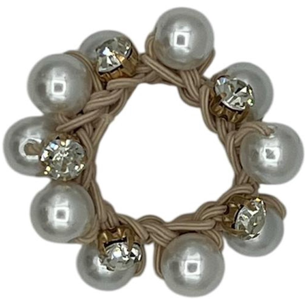 Haarelastiek - elastiek - kralen - parels - steentjes - wit - beige elastiek