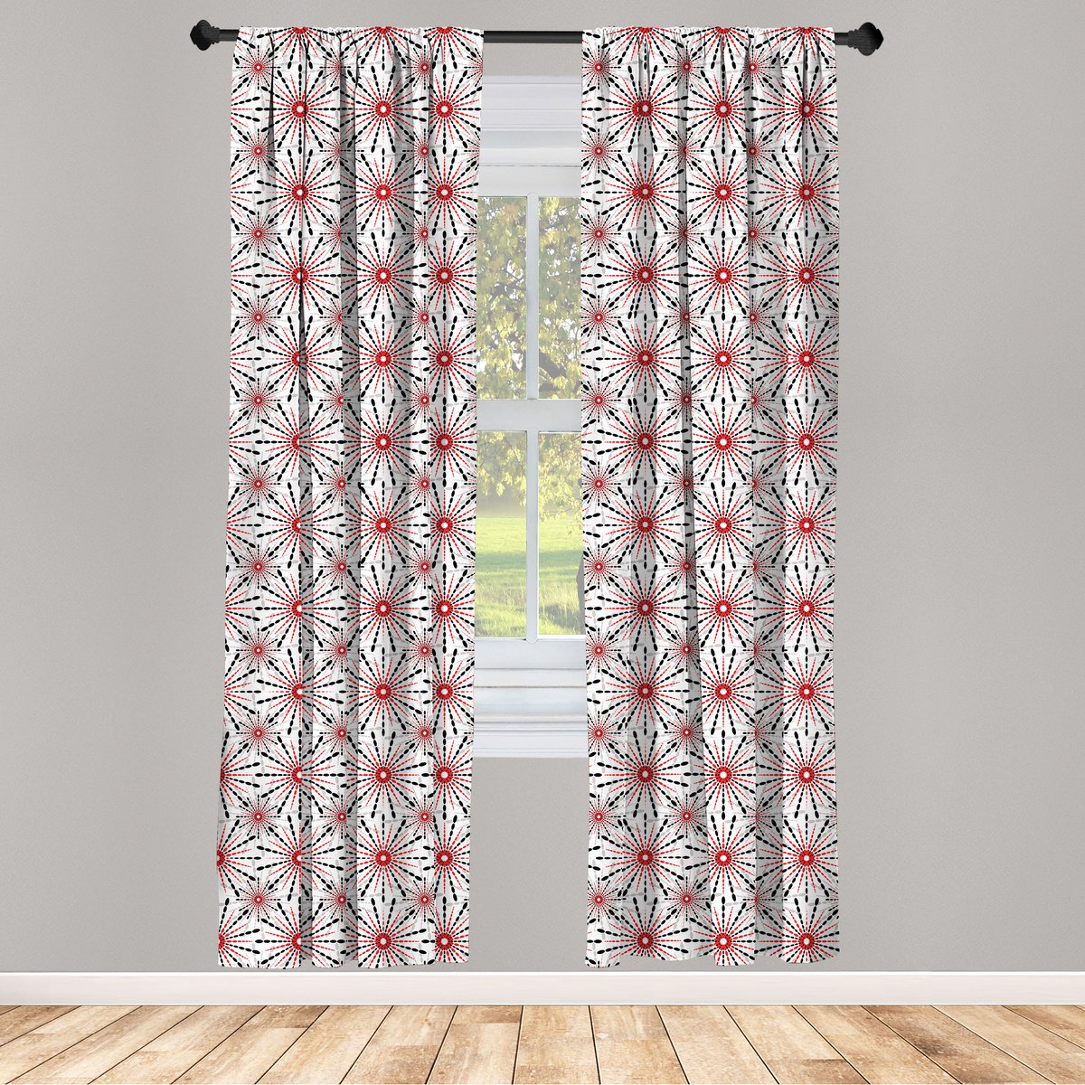 ABAKUHAUS Geometrische raamgordijnen – 2-panelen 75x175 cm – Rood/Zwart/Wit