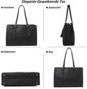 Zwarte dames laptoptas: voorkant, zijaanzicht, onderkant met 4 voetjes, en rug.