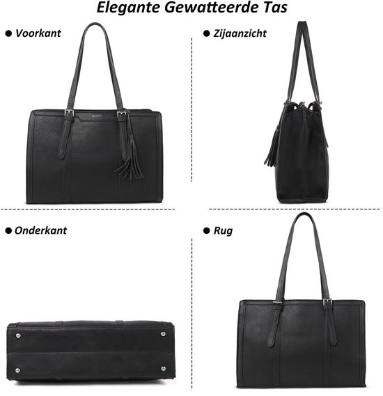 Zwarte dames laptoptas: voorkant, zijaanzicht, onderkant met 4 voetjes, en rug.