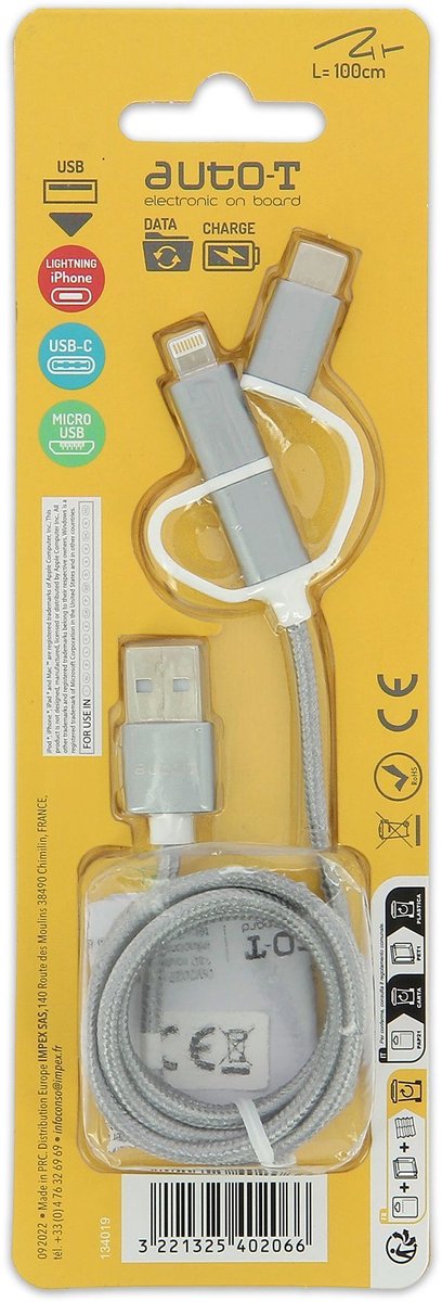 3-in-1 kabel - AUTO T - 540206 - Micro-USB - Apple - USB-C