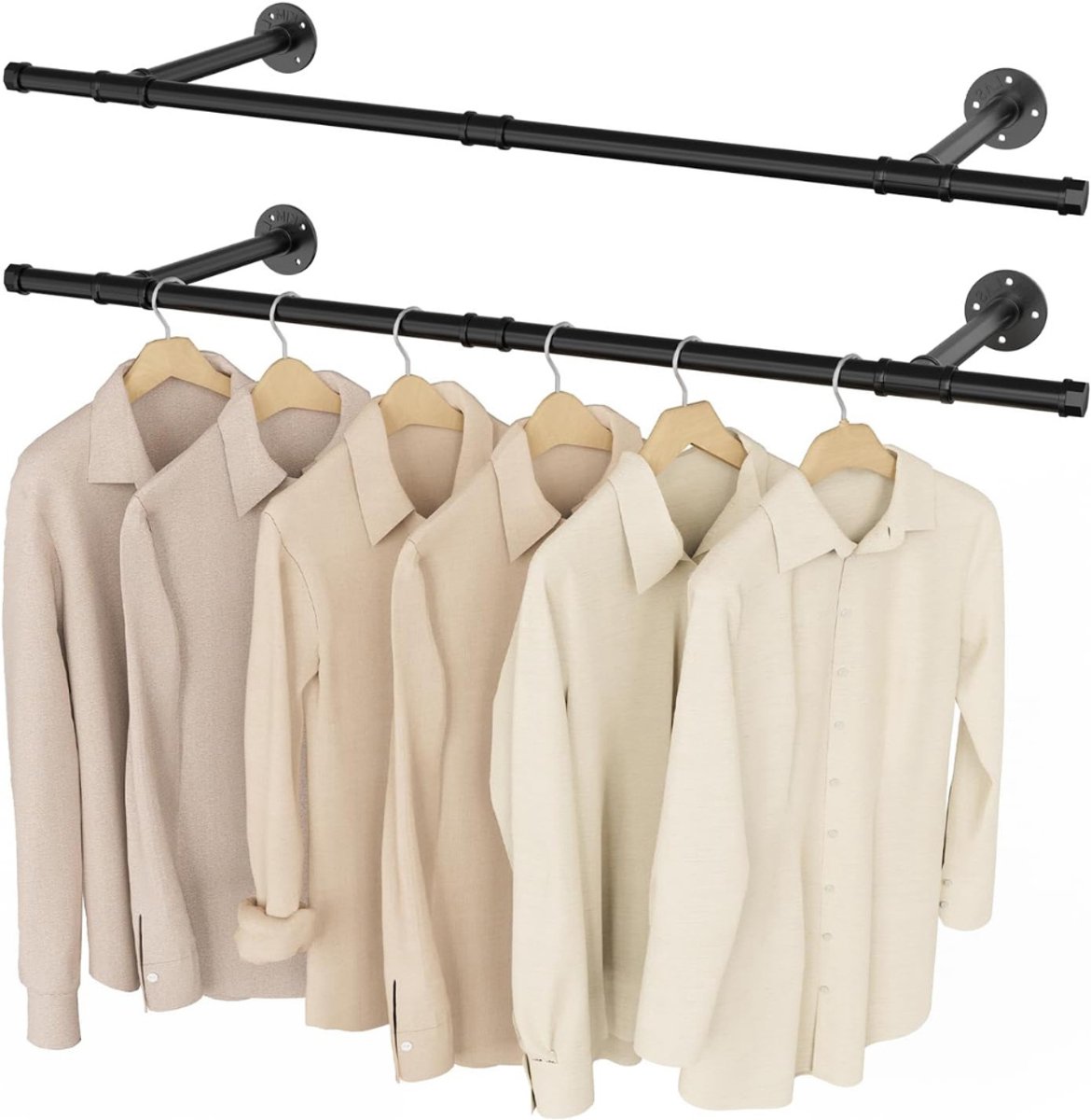 VIN® Kledingstang Wandmontage - Afneembaar Kledingrek - 2-Pack - Zwart - Buisvormig - 112 cm