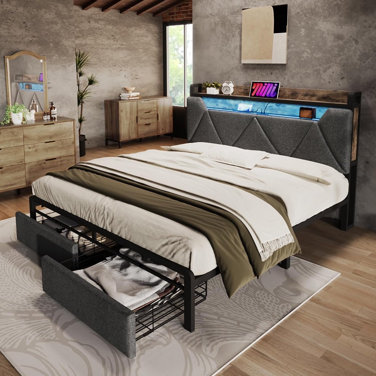 Tweepersoonsbed 160x200 met Opbergruimte, USB Oplaadfunctie, Ledverlichting en Lattenbodem - Grijs