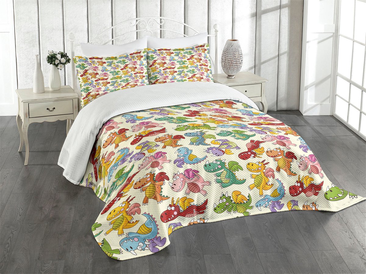 ABAKUHAUS Kinder bedsprei – Gelukkige Dino's – 264x220 cm – Crème/Veelkleurig