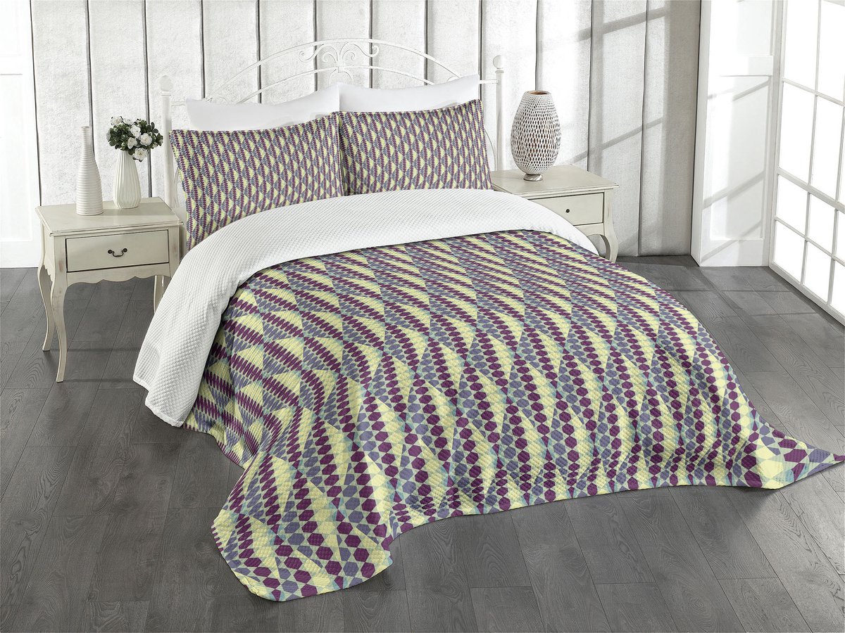 ABAKUHAUS Retro Deken-Set – Geometrisch, gesteppt – 264x220 cm – Hellgeel & Kadettblauw