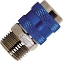 Messing snelkoppeling met blauwe, geribbelde mouw en 1/4" uitwendige schroefdraad.