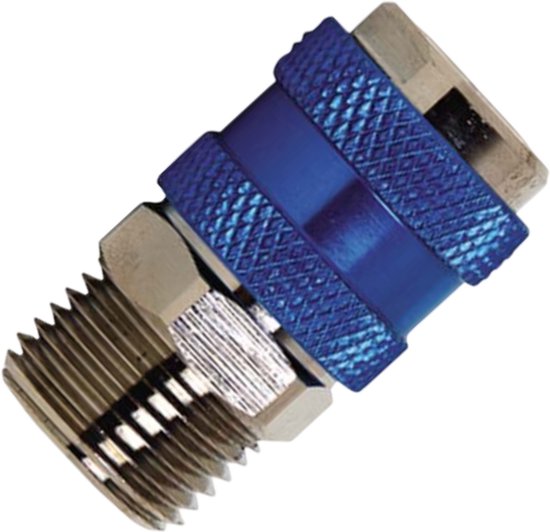 Messing snelkoppeling met blauwe, geribbelde mouw en 1/4" uitwendige schroefdraad.