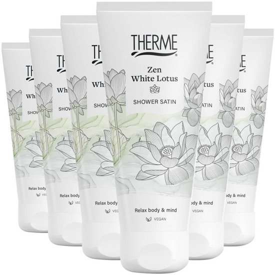 Zes witte tubes met 'Therme Zen White Lotus Shower Satin' en lotusbloemenprint. 'Relax body & mind VEGAN'.