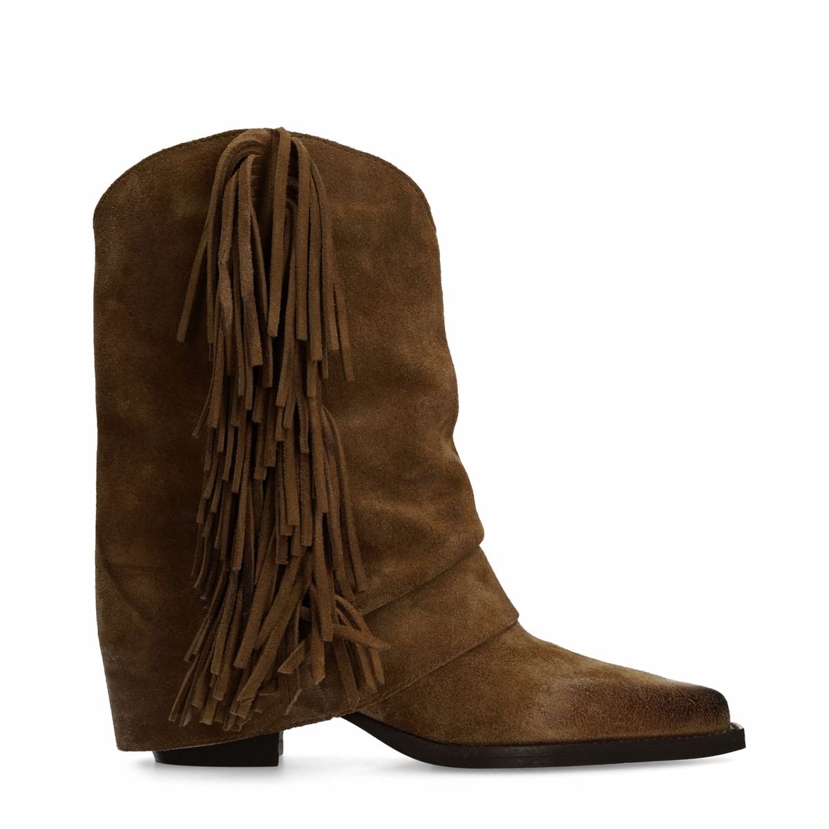 Sacha - Dames - Taupe suède cowboyboots met franjes - Maat 42