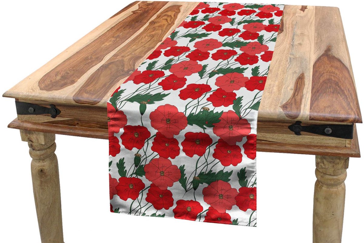 ABAKUHAUS Klaproos-tafelloper – Rechthoekig 40×180 cm – koraal/groen