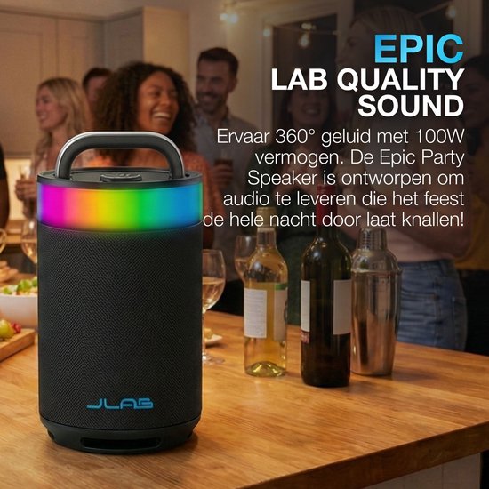 JLab Epic Draadloze Bluetooth Speaker - Muziekbox - 16 uur Batterijduur - 100 Watt - IPX6 Waterproof - Multipairing - Partyspeaker met Bass Boost - App Equalizer - Zwart