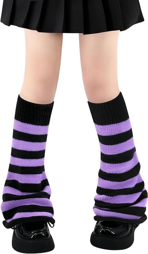 Guêtres pour femmes - Chaussettes souples - Jambières - Évasées - Mi-longues - Rayées - Guêtres en maille - Chaussettes empilables - Épaisses - Chaussettes hautes au-dussus du genou - Chaudes et coupe-vent - Conviennent aux jupes et leggings - Violet
