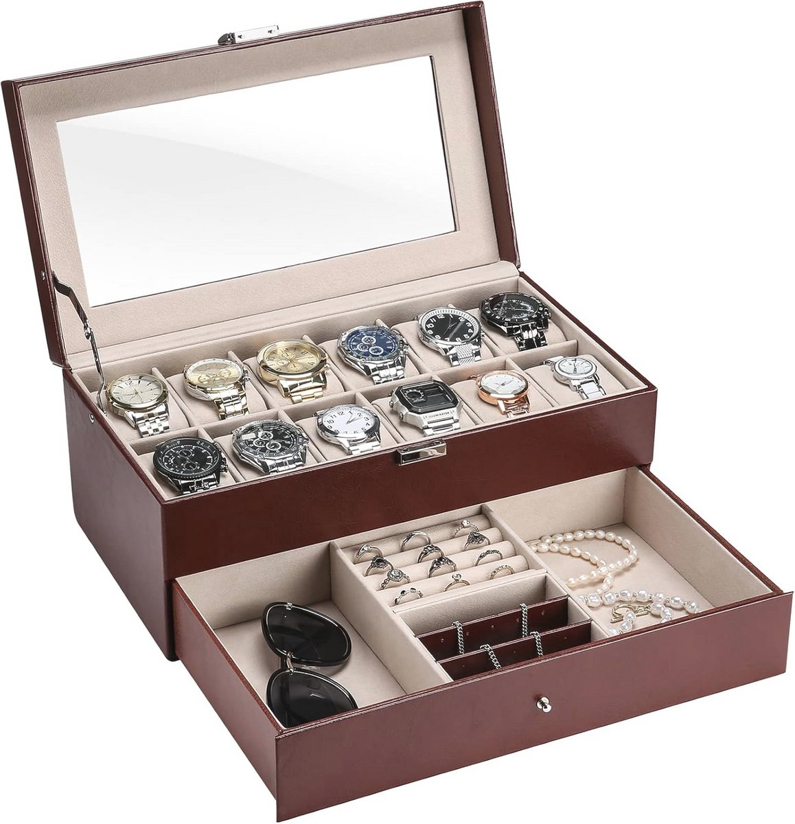 Horlogedoos met 12 Compartimenten en Lade - Sieraden Organizer voor Horloges, Ringen en Armbanden