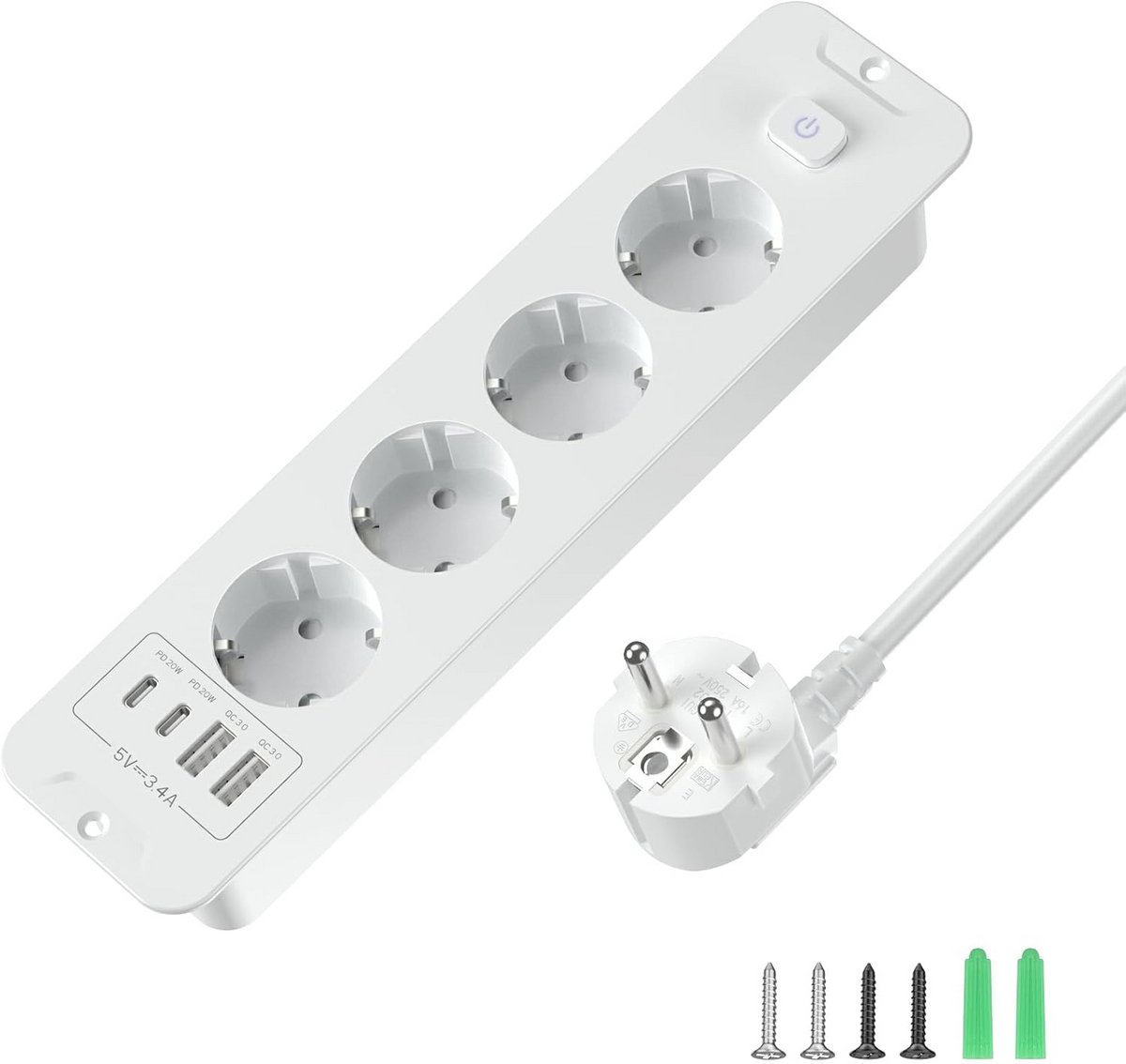Inschuifbaar stopcontact met USB-C, 4-voudige inbouwstekkerdoos voor tafels