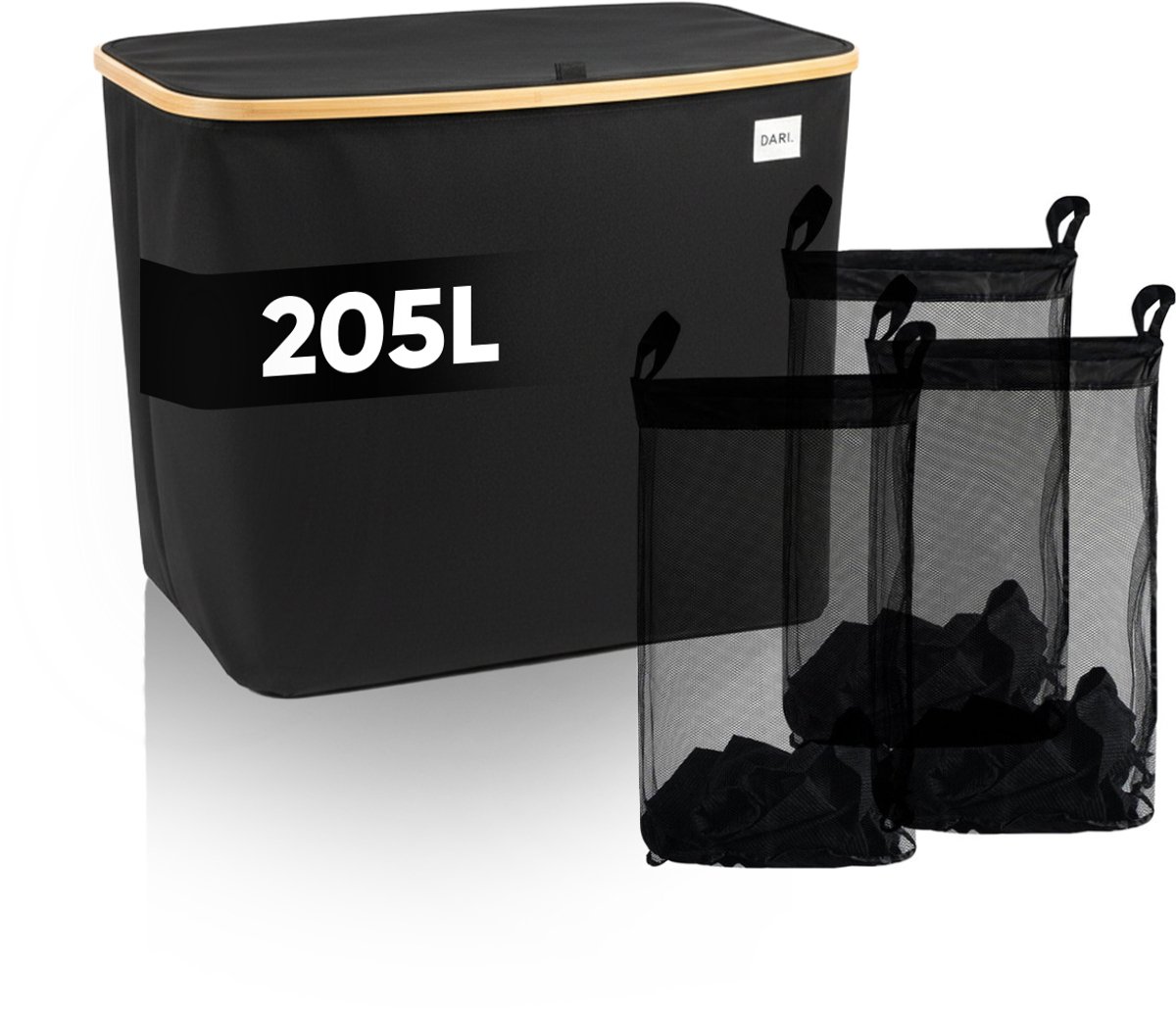 DARI. - Wasmand 3 vakken - Wassorteerder - 205L XXL - met 3 uitneembare zakken - wasmand - zwart - knopen
