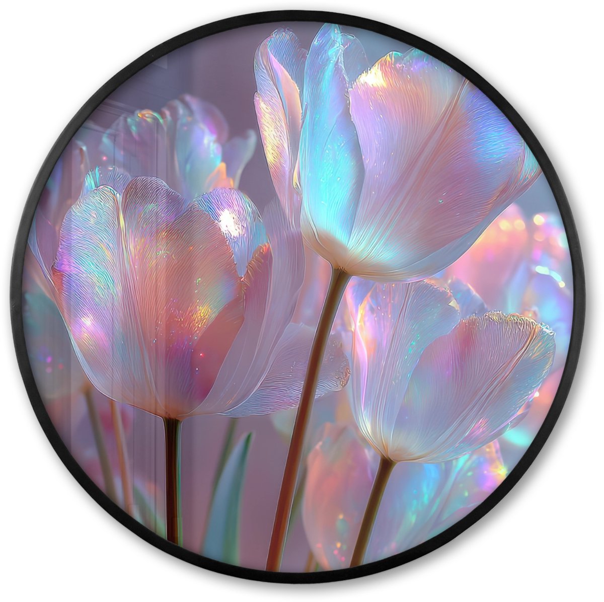 FrameYourWall Poster in lijst Rond - Fotolijst 60x60 cm - Posters - Tulpen - Glazen - Bloemblaadjes - Pasteltinten - Ronde posterlijst zwart - Decoratie - Wanddecoratie woonkamer - Muurdecoratie slaapkamer