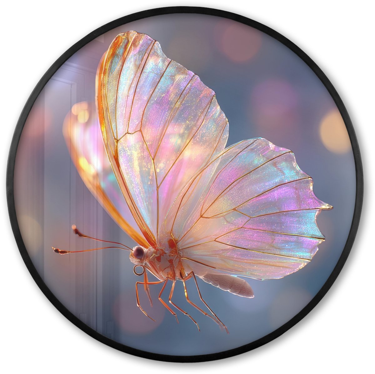FrameYourWall Poster in lijst Rond - Fotolijst 80x80 cm - Posters - Vlinder - Vleugels - Pastel - Glinstering - Ronde posterlijst zwart - Decoratie - Wanddecoratie woonkamer - Muurdecoratie slaapkamer