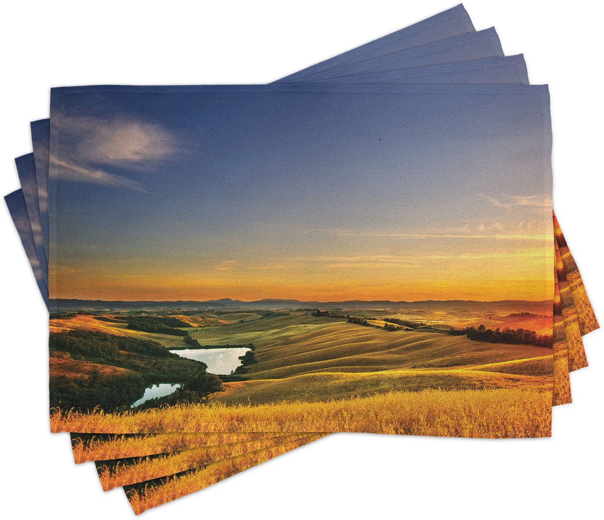 ABAKUHAUS Italiaanse placemats, Magische foto van de Middellandse Zee, landelijk in een dal met een klein zeelandschap, tafeldecoratie van kleurvaste stof voor eetkamer en keuken, Geel, Groen, Blauw