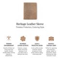Brown heritage leather sleeve, with icons showing craftsmanship, distressed look, sleek design, and versatility.