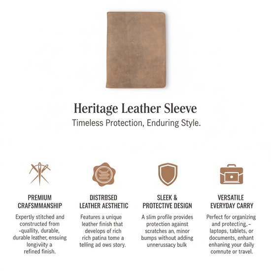 Brown heritage leather sleeve, with icons showing craftsmanship, distressed look, sleek design, and versatility.