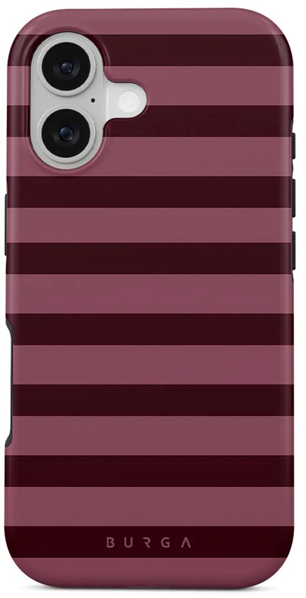 Telefoonhoesje met paarse en bordeauxrode horizontale strepen, camera-uitsparing, Burga logo.