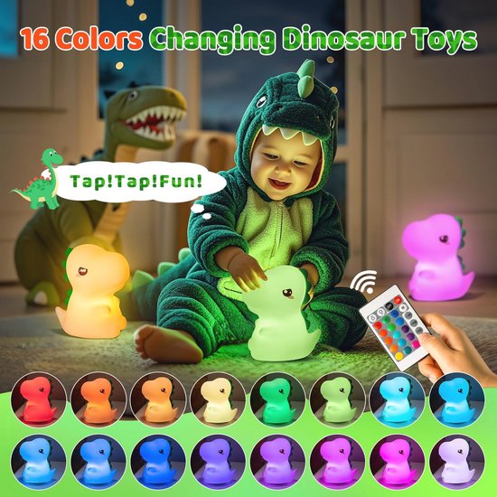 Dino Nachtlampje voor Kinderen met 16 Kleuren en Dimfunctie - Ideaal cadeau voor Jongens van Dino. — afbeelding 2