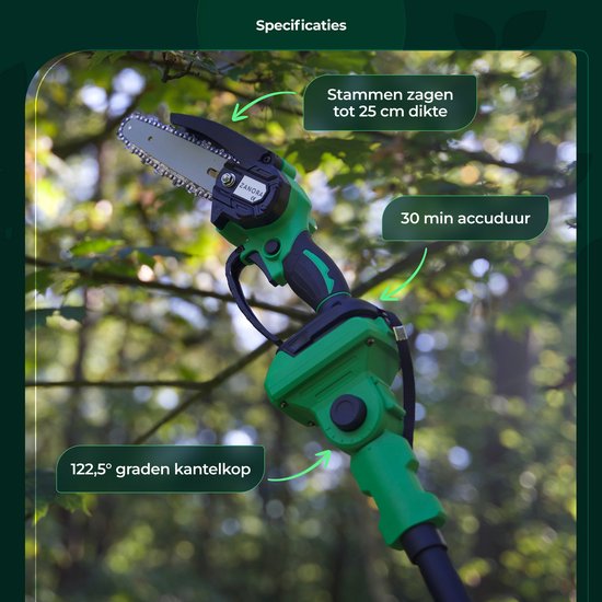 Zanora® snoeiset - Mini Kettingzaag + Elektrische Snoeischaar - Verstelbare Telescopische Extensie (2,5m) - Inclusief 4 Accu’s - Geschikt voor Hoge Takken en Precisiewerk van Zanora — afbeelding 5