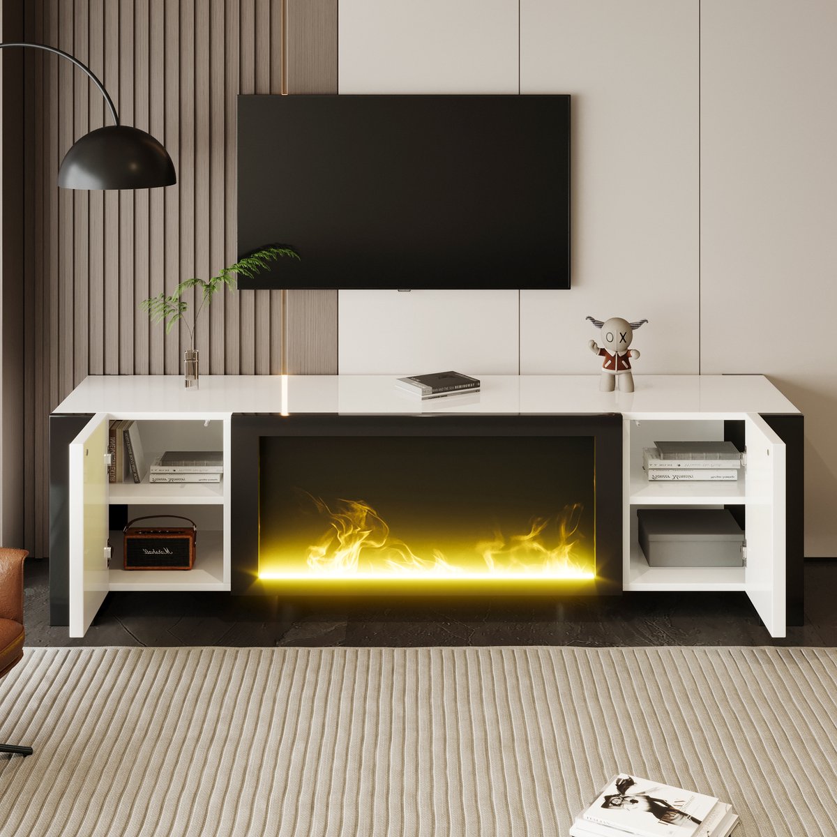 MODFU TV-meubel hoogglans spaanplaat wit/zwart, deuren met push-to-open en elektrische haard Wit+Zwart