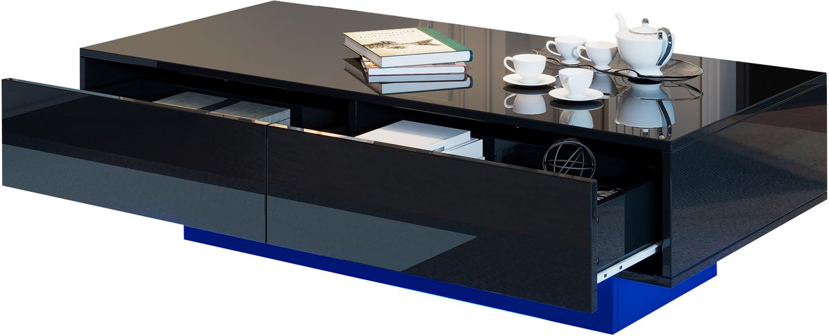 MODFU Salontafel 115×55×34 cm – Hoogglans zwart met LED-verlichting – 2 lades & opbergruimte – Modern design – Spaanplaat – Zwart – Woonkamer
