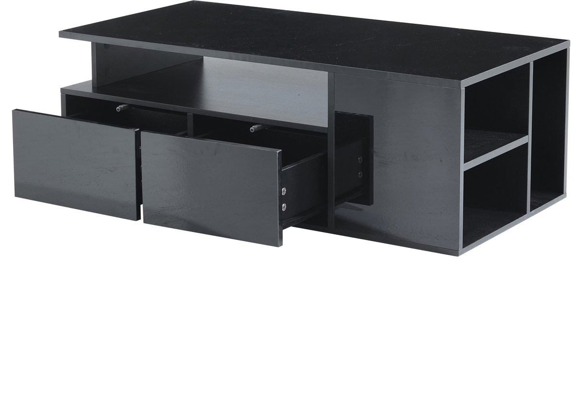 MODFU Salontafel 100x50x35 cm van spaanplaat, zwart hoogglans met LED-sfeerverlichting en veel opbergruimte