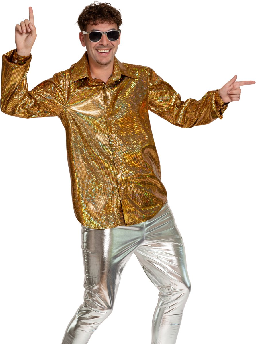 Partychimp Shiny Disco Shirt Goud voor Heren Carnavalskleding Foute Party Verkleedkleding Volwassenen Heren Toppers 2026- Disco- Shiny- Polyester - XL