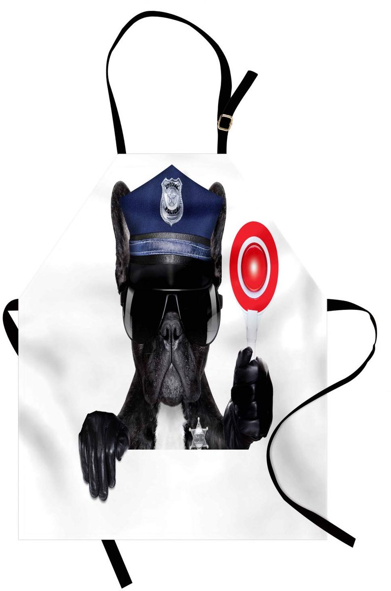 ABAKUHAUS politie-kookschort, hond en mop dragen een bril, duim omhoog, met sirenes, kunst geïnspireerd op verkeerspolitie, kleurvast, in hoogte verstelbaar, wasbaar, duidelijke digitale druk, zwart en blauw