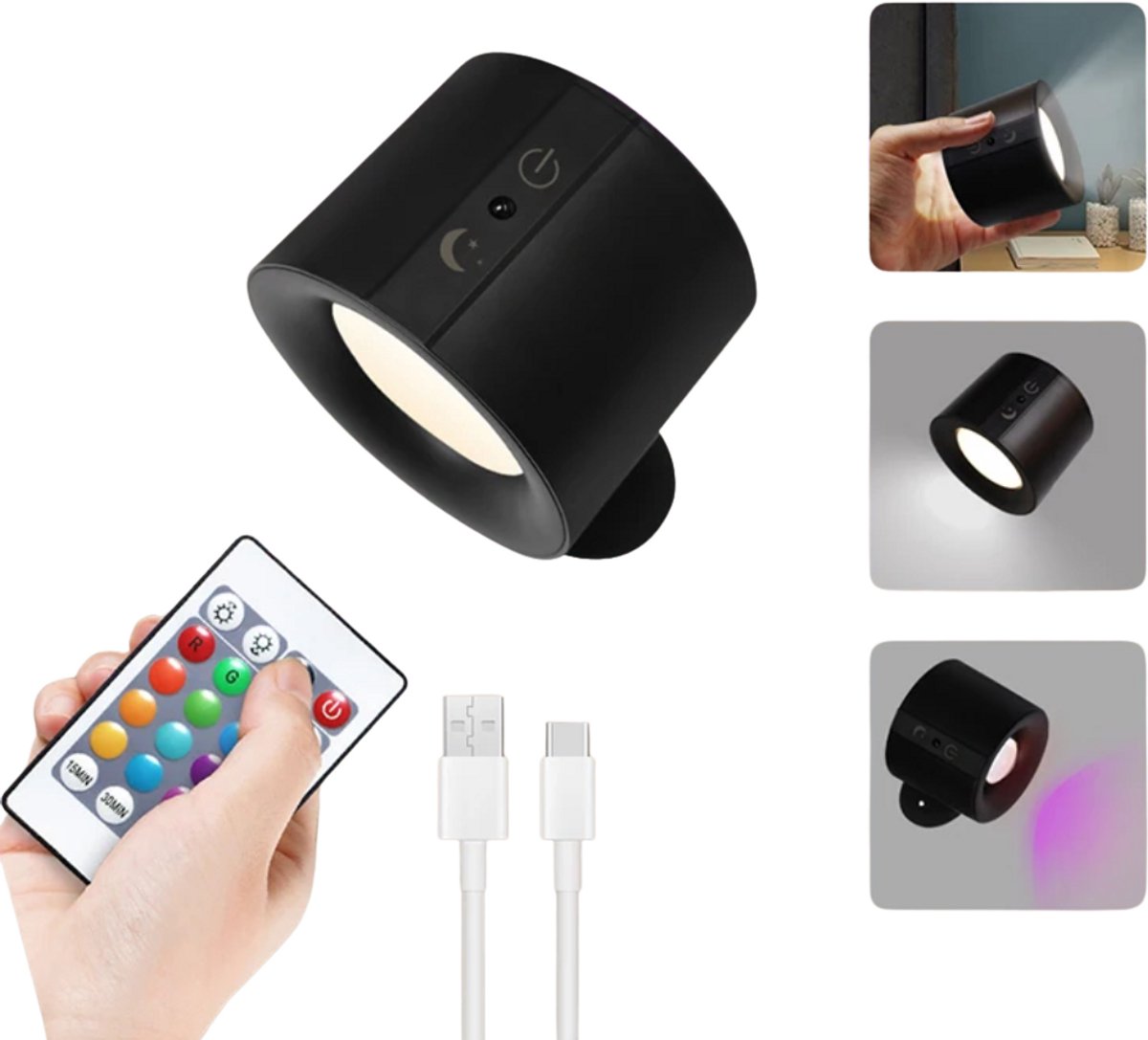 RGB Oplaadbare Wandlamp voor Binnen – Zwart – 2500mAh – 1 Kant RGB + 1 Kant 3000K/4000K/6500K - Draadloos & Dimbaar – Magnetisch Afneembaar – Touch & Afstandsbediening – Eenvoudige Montage
