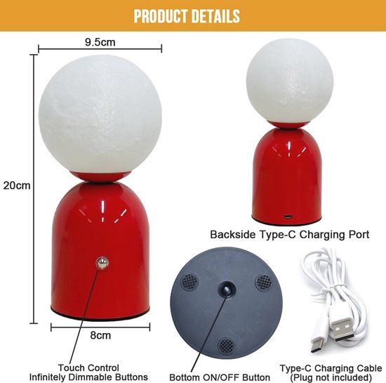Oplaadbare LED Bedlamp met 3 Kleuren Touchfunctie - Draadloze Tafellamp voor Thuis en Feesten — afbeelding 5