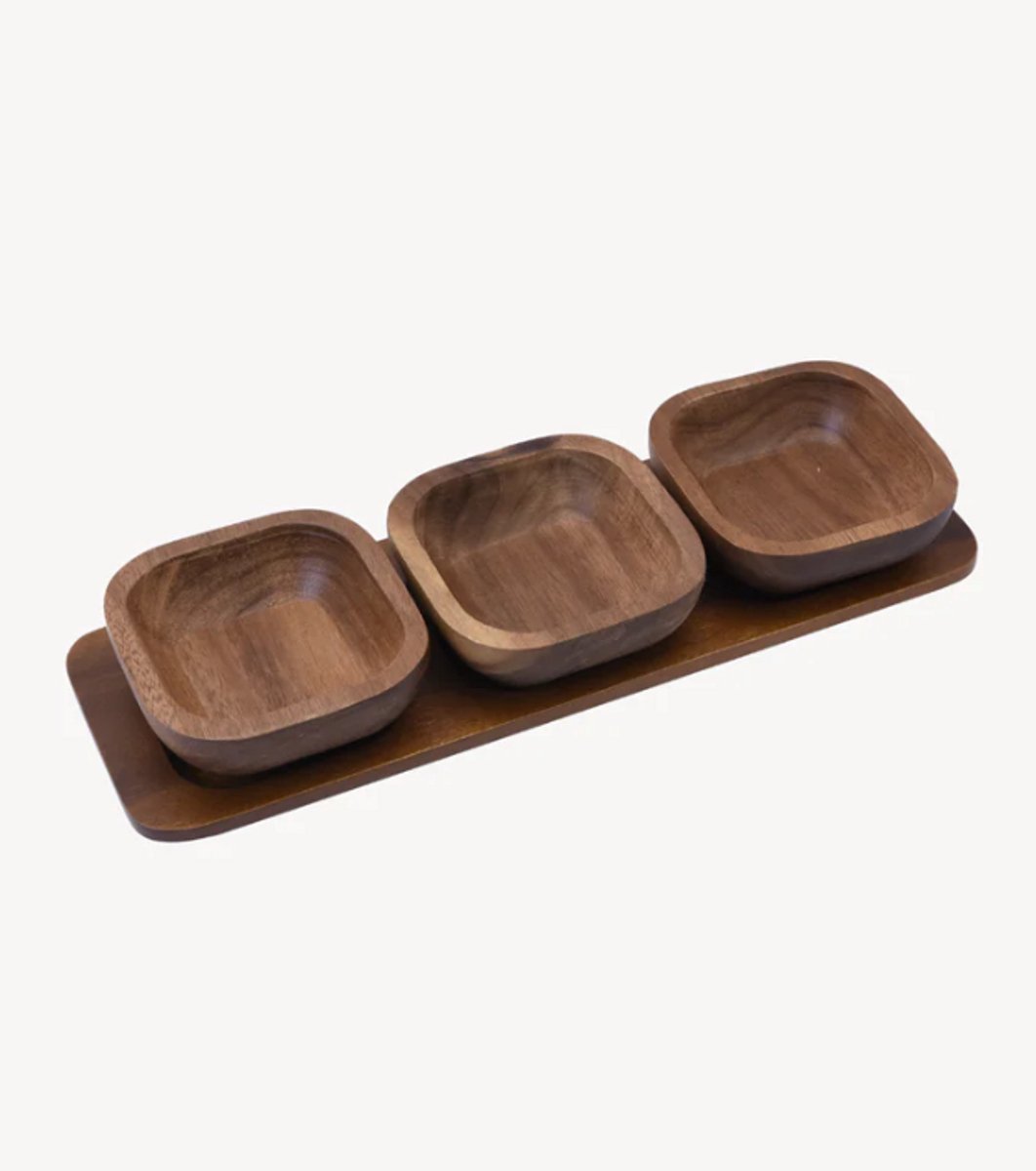 Zoha Acaciahouten Element Komsenset – 3 Handgemaakte Dip & Snack Kommen op Dienblad – 33 cm