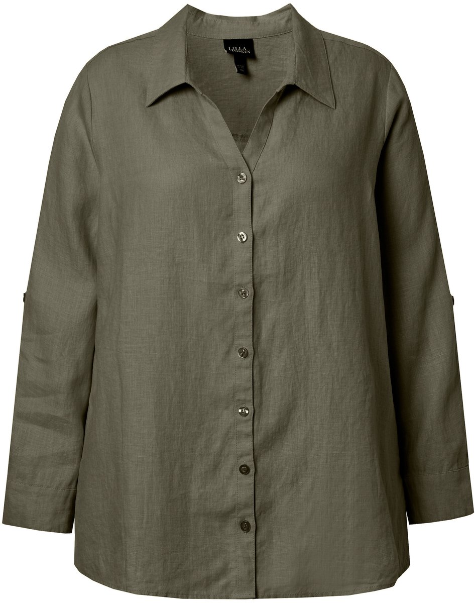 Ulla Popken - Dames - Blouse linnen open kraag lange mouwen - Lodengroen - Maat 42+