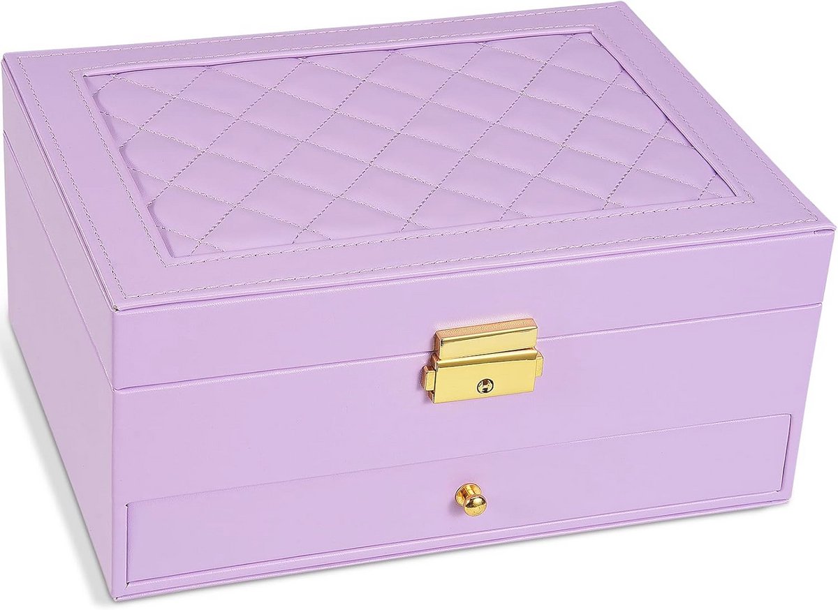 2-Layer Sieraden Doos voor Vrouwen - Vintage Gewatteerde Sieraden Organizer met Verwijderbare Tray - Licht Paars