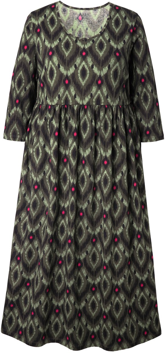 Ulla Popken Dames - Jersey maxi-jurk A-lijn ronde hals 3/4-mouwen - Olijfgrijs - Maat 66+