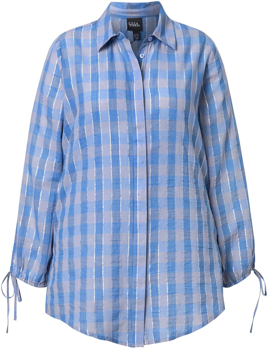 Ulla Popken - Dames - Geruite blouse glitterstrepen A-lijn overhemdkraag - Atlantisch blauw - Maat 54+