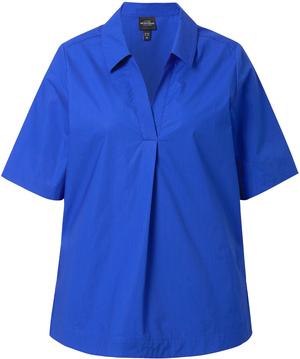 Ulla Popken - Dames - Blouse A-lijn sierplooi polokraag korte mouwen - Kobaltblauw - Maat 54+