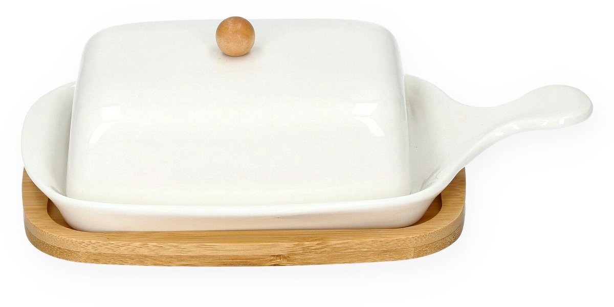 HOMLA Schaal - FINCAN - boterschaal - keramiek met bamboebasis - 22 cm