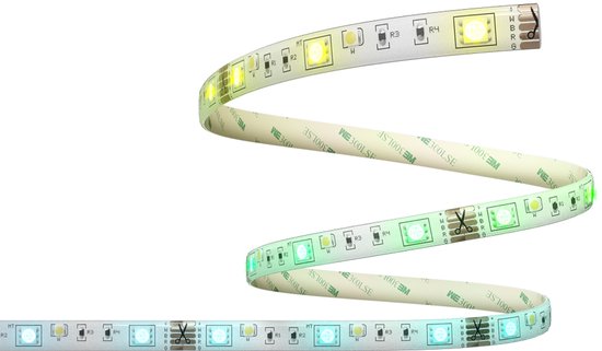Flexibele LED-strip met afwisselende kleuren geel, groen en blauw, met plakstrips.