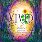 Couverture du livre 'Vivid' avec le titre en lettres violettes ornées, un tournesol et une forêt dans une lumière chaude.