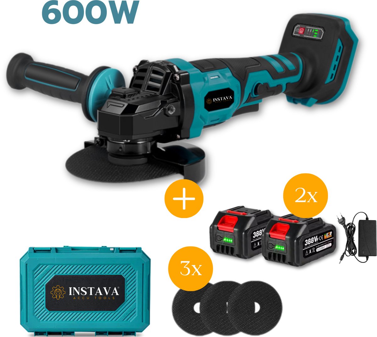 Instava Haakse Slijper 600W + 2x Accu(4.0Ah) - Ø125MM - Geschikt Voor Makita LXT 18v Accu - Incl. 3x Slijpschijven + Stevige opbergkoffer