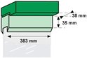 Technische tekening van een montagebeugel met afmetingen 383 mm breed, 35 en 38 mm hoog, in het groen.