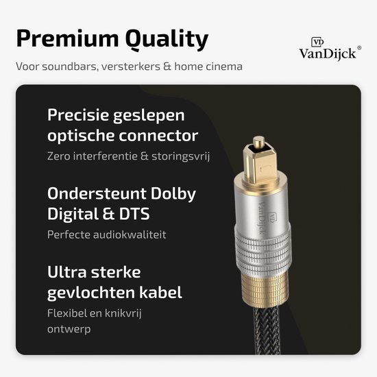 Gouden en zilveren optische connector met VanDijck logo op een gevlochten kabel.