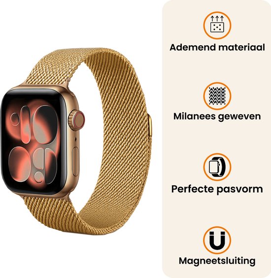 Gouden Milanese horlogebandje voor Apple Watch, ademend, perfecte pasvorm, magneetsluiting.