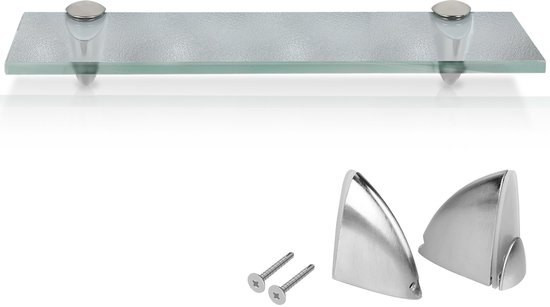 Une étagère en verre dépoli avec deux supports en verre et deux vis.